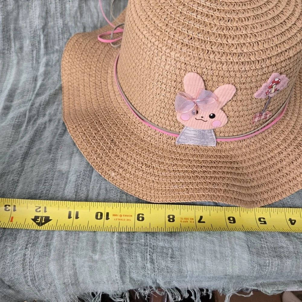 Girl's Tan Straw Floppy Brim Sun Hat Easter Spring Light Airy Chin Strap‎
